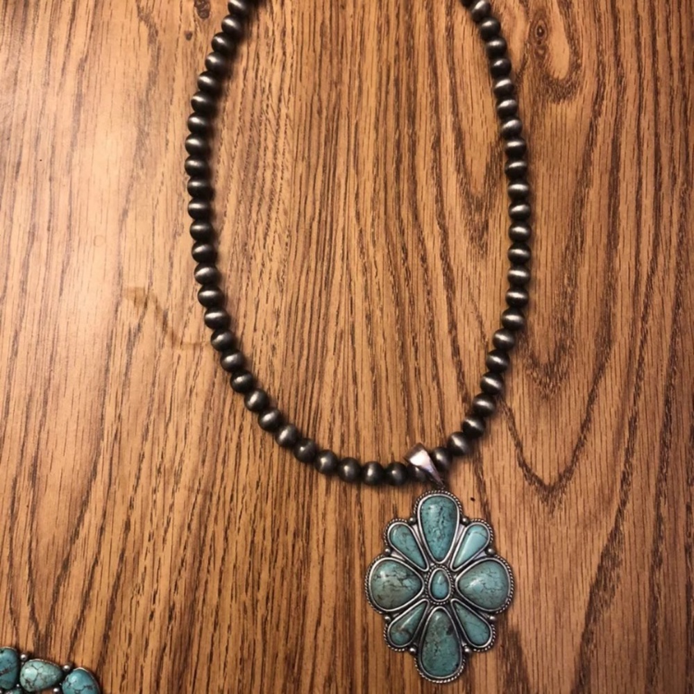 Faux Turquoise Squash Blossom Necklace